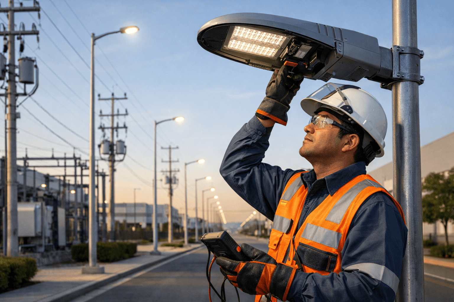 Proyecto de alumbrado público e iluminación industrial con postería y luminarias.