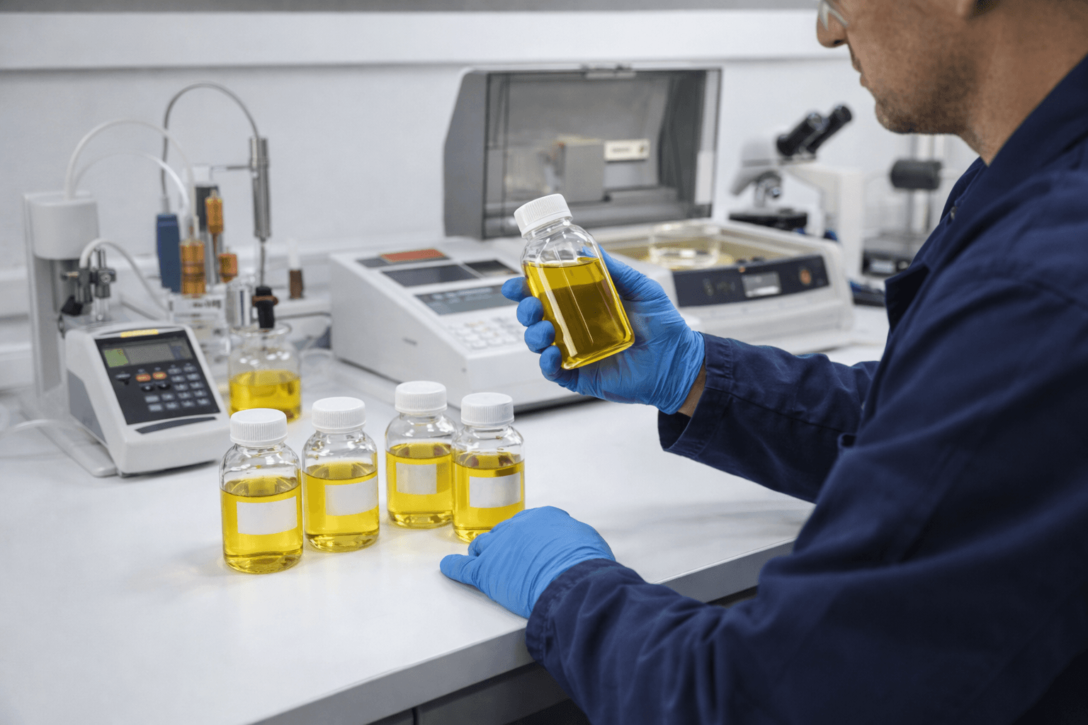 Análisis de muestras de aceite dieléctrico en laboratorio.