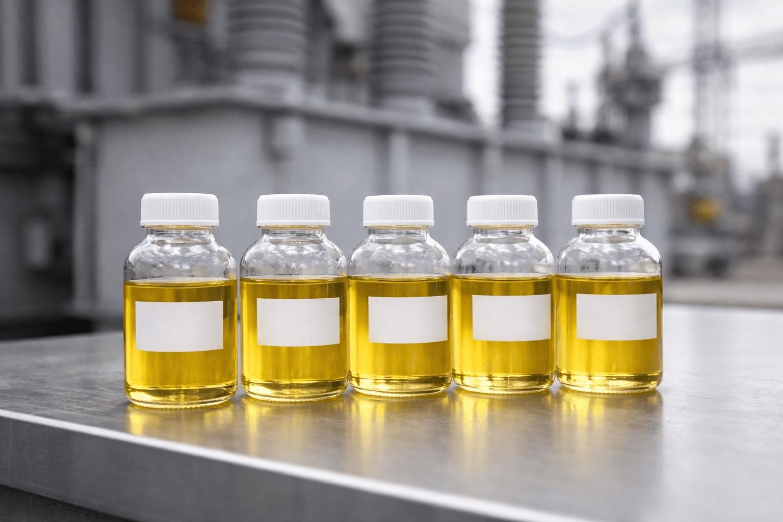 Muestras de aceite dieléctrico listas para evaluación técnica.
