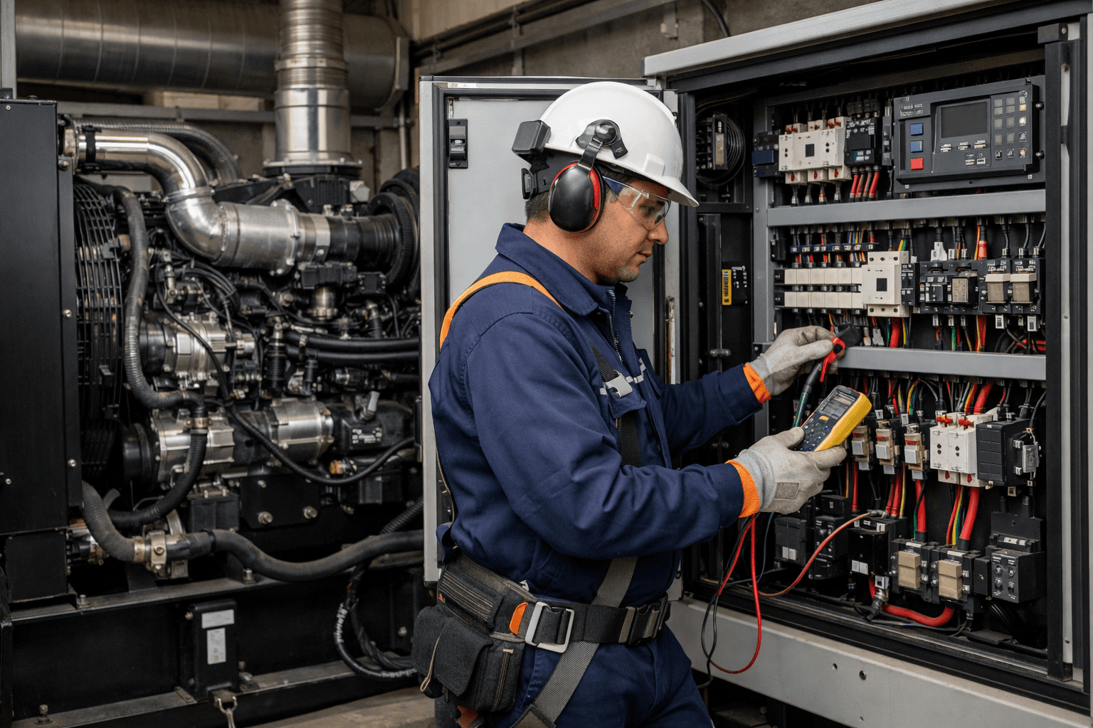 Planta generadora de emergencia con equipo técnico en sitio.