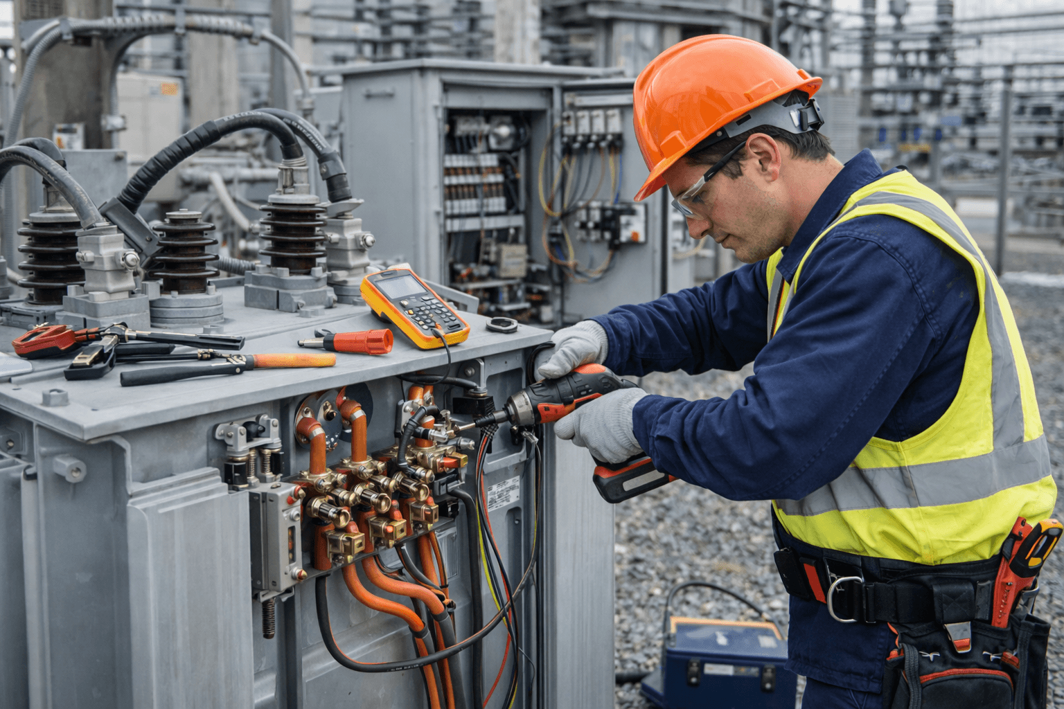 Técnico realizando mantenimiento y reparación en transformador en sitio.